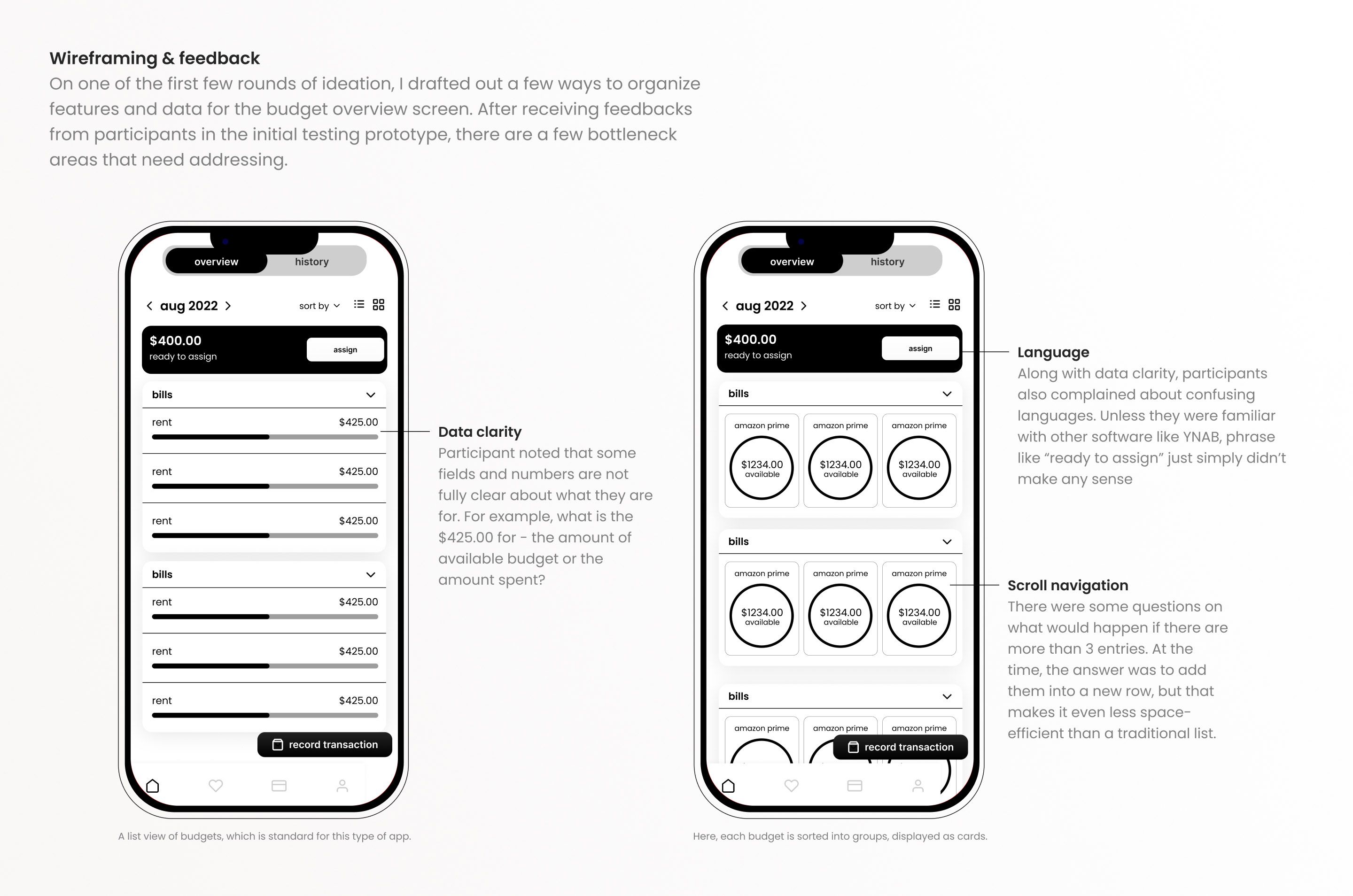 wireframe of the app, highlighting challenges